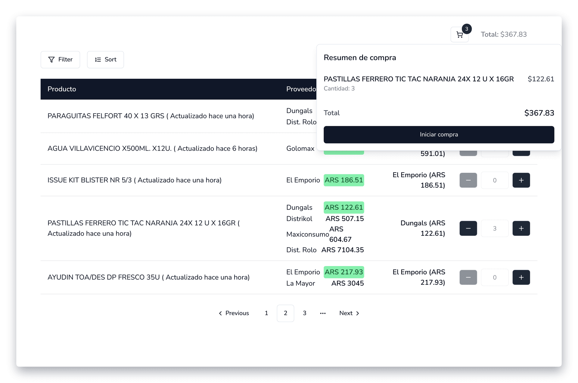 Interfaz de usuario de Tienda Data mostrando la opción de compra