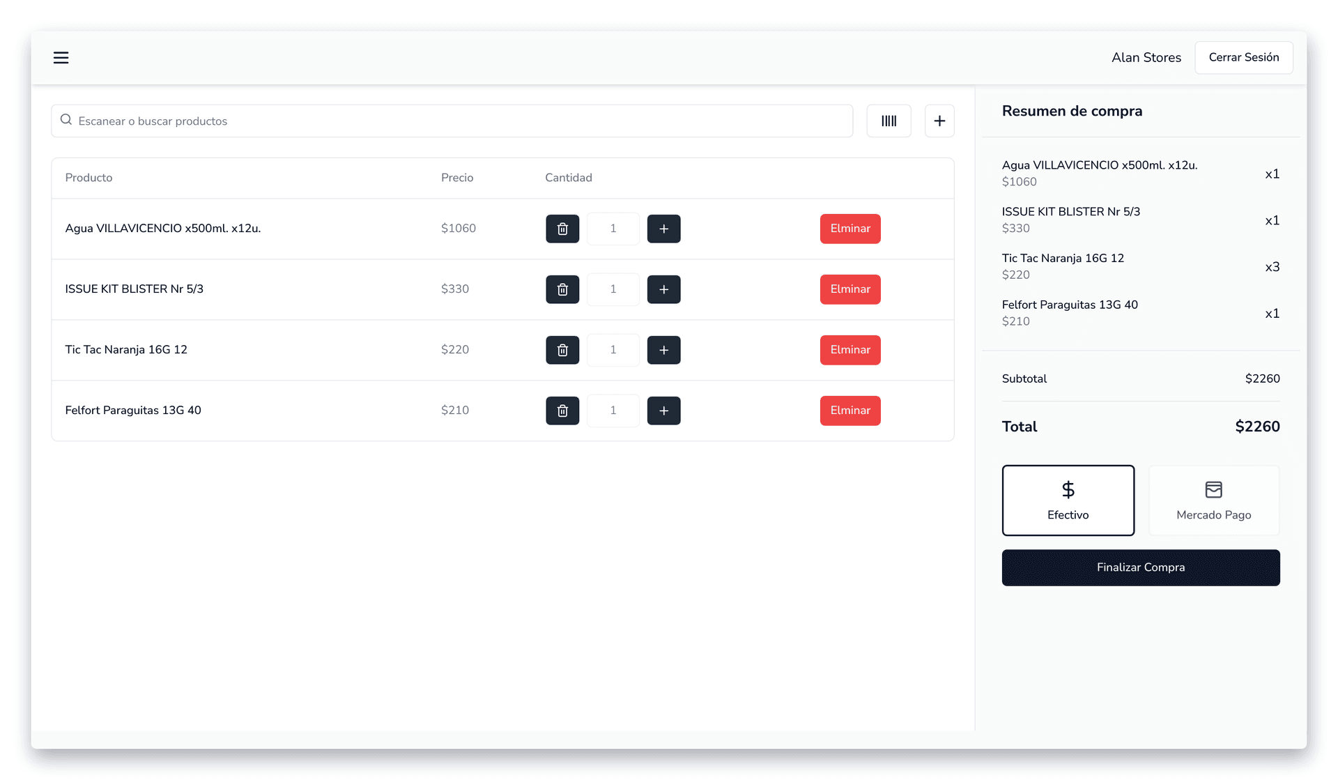 Interfaz del sistema de punto de venta de Tienda Data con códigos de barras integrados